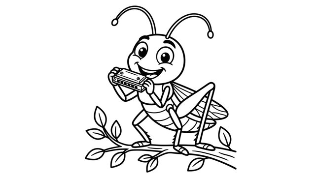 Happy cartoon grasshopper playing harmonica on a tree branch, black and white line art illustration for coloring book.