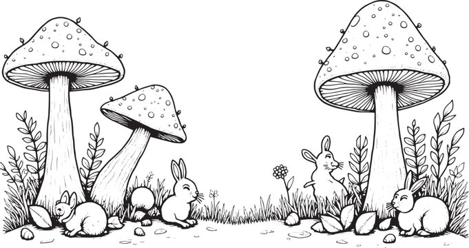 Cute little rabbits sitting under big mushrooms in a forest meadow Vector