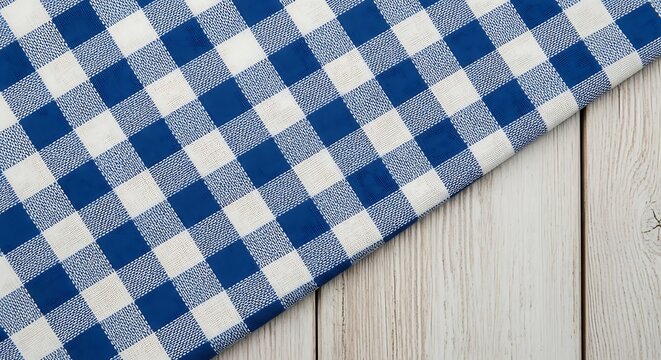 Blue and white checkered fabric tablecloth placed on a rustic wooden table surface for a picnic or kitchen setting