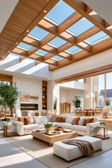 Fototapeta premium Luxury modern living room with wood skylights and open-plan seating in bright smart home
