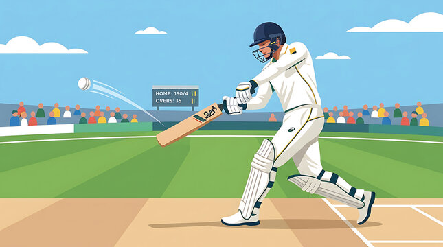 Professional Cricket Batsman Hitting Ball Vector Illustration, Live Match Stadium Field Background Flat Design