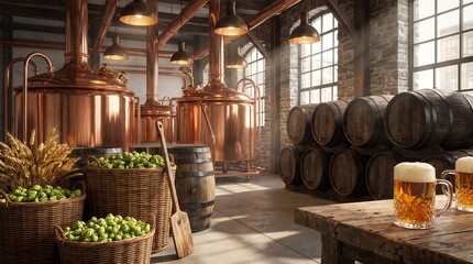Obraz premium Traditional craft brewery interior with copper brewing tanks and wooden barrels for beer production.