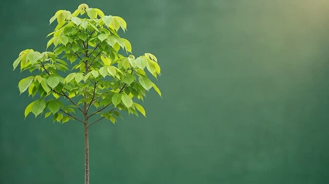Young green tree growing against a solid green background.