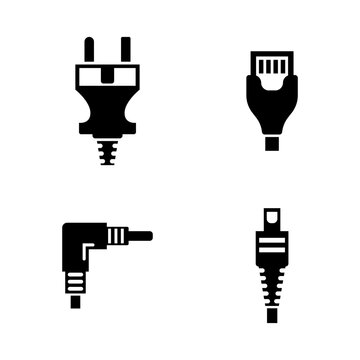 Collection of four minimalist black icons representing different types of electrical and digital connectors on a white background.