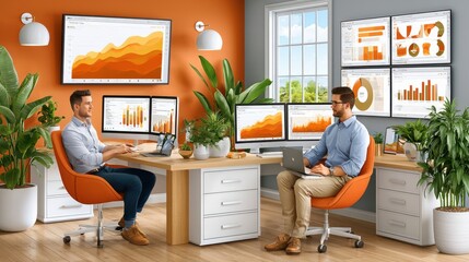 Fototapeta premium Business analytics team working in a modern office command center with multiple monitors and dashboards