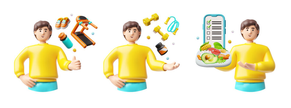 A set of 3D men in yellow sweatshirts displays sports equipment and healthy foods