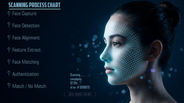 Woman face with holographic wireframe projection, futuristic technology concept