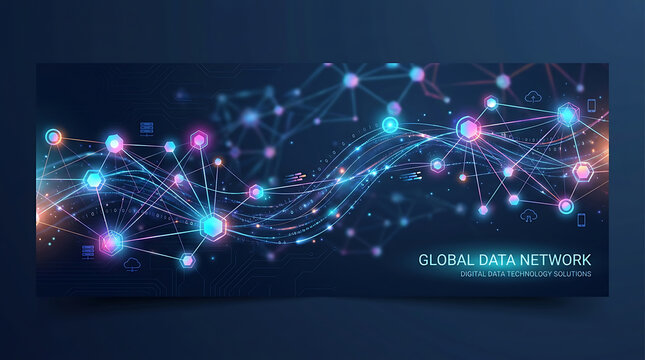 Global Data Network Banner, Futuristic Cyber Security Mesh and Digital Cloud Technology Solutions Vector
