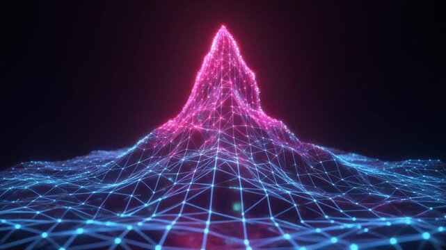 Futuristic neon mountain grid with glowing gradient lines, symbolizing digital landscapes, data modeling, artificial intelligence, and abstract visualization.