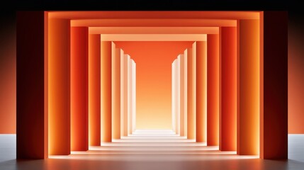 Obraz premium Sunlit orange architectural corridor with repeating arches and dramatic symmetrical perspective leading to a warm glow