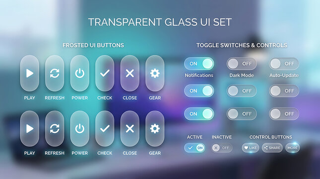 Transparent Glass UI Set, Frosted Glassmorphism Buttons and Toggle Switches for Modern App Web Design