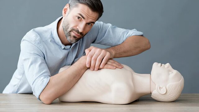Static shot of man performing chest compressions on cpr training mannequin on table in indoor classroom setting for medical first aid instruction