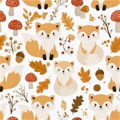 Fototapeta premium Cute fox seamless pattern with autumn leaves and berries, woodland nursery theme, playful forest decor, charming wildlife illustration.