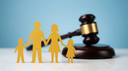 Paper cutouts of a family standing in front of a wooden gavel