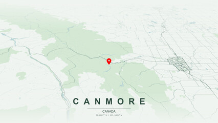 Modern minimalist vector map of Canmore, Alberta. High-quality scalable illustration of Canmore geographic boundaries, Bow River valley for posters design. © AliRza