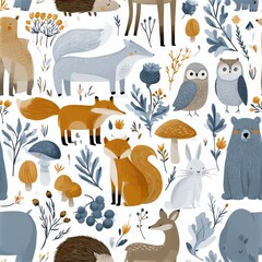 Fototapeta premium Woodland animals seamless pattern with fox squirrel bear and owl, forest nursery theme, playful nature decor, charming illustration.