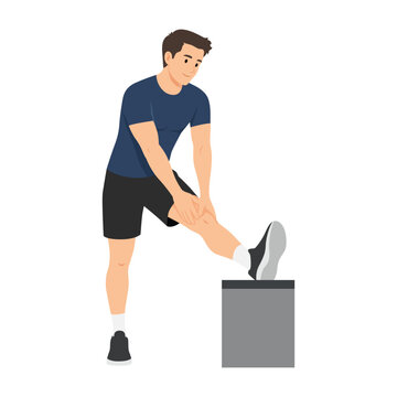Man Performing Standing Hamstring Stretch with Foot on Box. Flat vector illustration isolated on white background