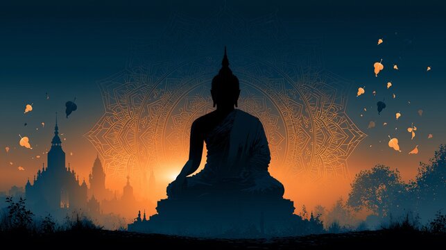 Deep Teal Sunset Buddha Silhouette with Glowing Mandala Halo, Ancient Temple Silhouette Skyline, Drifting Autumn Foliage, Warm Orange Horizon, Serene Buddhist Art