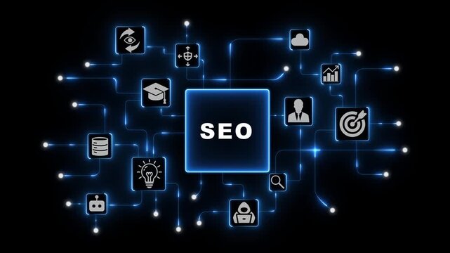 SEO Strategy Concept with Connected Marketing Icons in Blue Neon Digital Network on Dark Business Technology Background