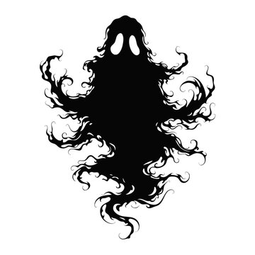 Spooky ghost silhouette with wispy tendrils, dark phantom spirit vector illustration, eerie spectral entity for Halloween design and horror themes