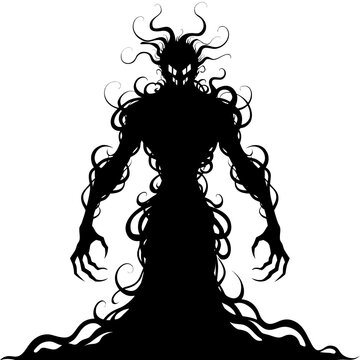 Creepy shadow monster silhouette with glowing eyes, dark eldritch horror creature vector, demonic nightmare entity for Halloween and gaming
