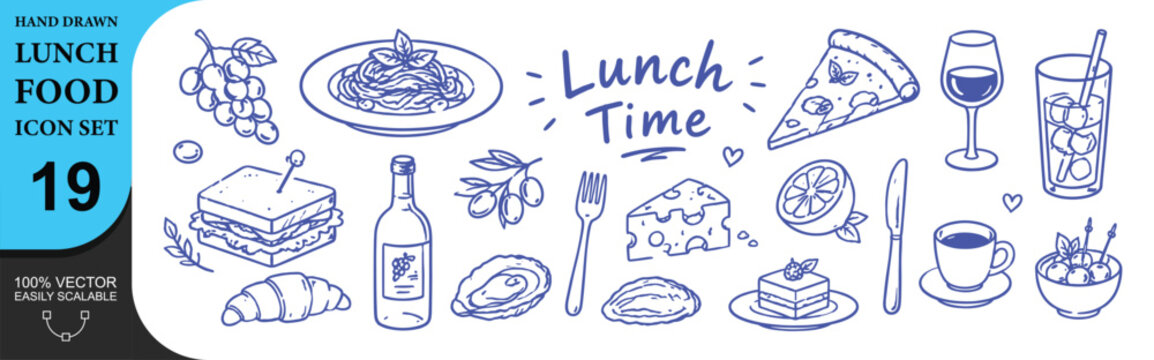 Hand drawn lunch food icon set with essential dining elements and italian dishes.