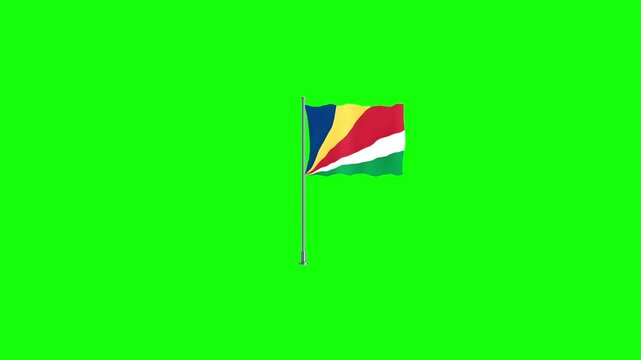 Seychelles flag waving on flagpole against green screen background providing high contrast for chroma key compositing in professional video editing projects.