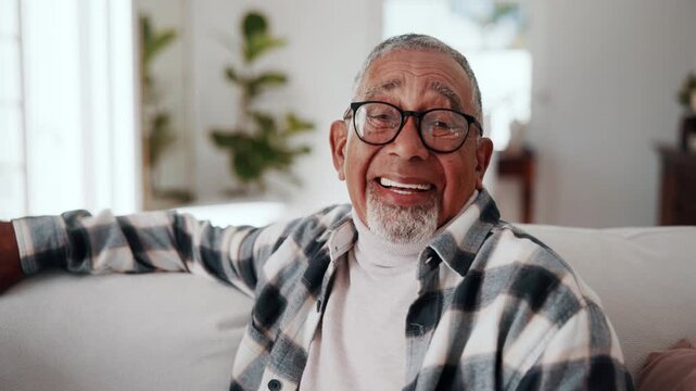 Wellness, face or old man in house with laugh, positive attitude or optimistic for day off. Wellbeing, portrait or senior person with humor expression, good mood and happy moment on weekend break.