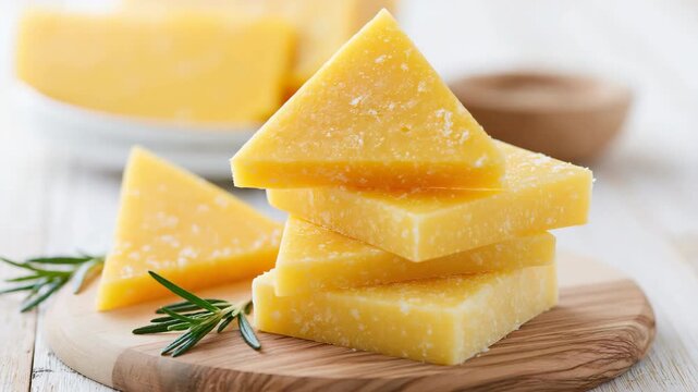 Slow motion close up of stacked cheddar cheese wedges resting on wooden board with rosemary in bright kitchen countertop setting