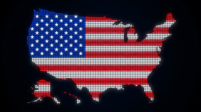 USA Map Silhouette with American Flag Texture, Digital Grid United States Map on Black Background