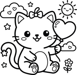 Fototapeta premium Cute kitten with heart coloring page for kids and toddlers activity