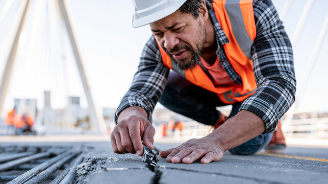 Photorealistic close-up scene of a civil engineer in hard hat and safety vest crouching on a bridge deck examining a structural crack in the concrete surface, one hand holding a te