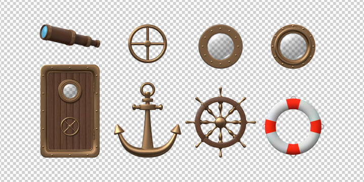 Submarine door with a circular wheel lock and portholes, vintage anchor and ship steering wheel realistic 3D vector set