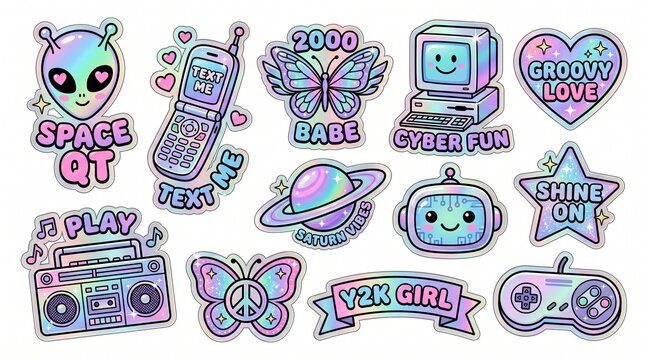 Y2K aesthetic holographic sticker pack with retro cyber elements, alien, flip phone, and butterflies