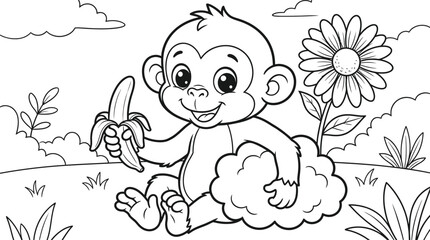 Cute monkey with banana coloring page for kids and toddlers activity © ABU
