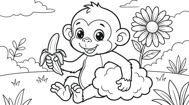 Cute monkey with banana coloring page for kids and toddlers activity