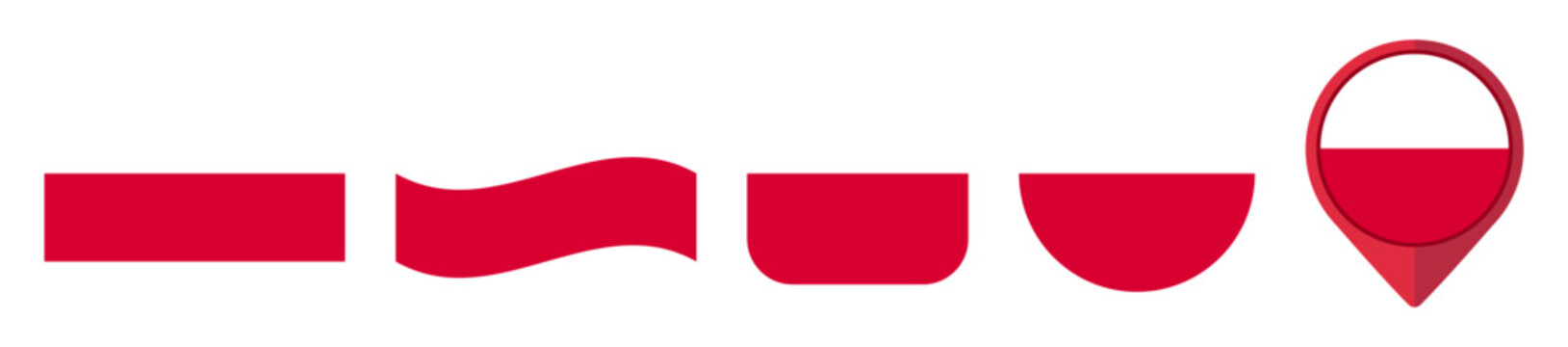 Set of red and white flag shapes and map marker on transparent background