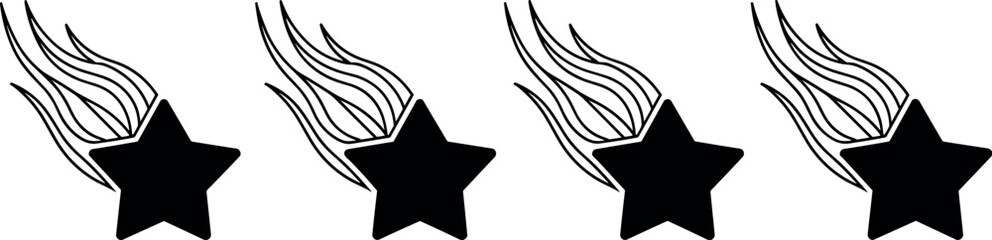 Set of four black shooting stars vector illustration isolated on white background with trailing flames falling star icon pack © RafatStock