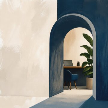 Minimalist blue interior with arched doorway and home office nook