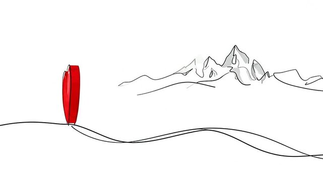 A continuous line drawing of a red heart shape with mountain peaks in the background