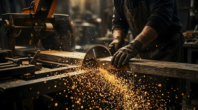 Carpenter cutting rustic timber beam with circular table saw | Close up of power saw slicing through wood with golden sparks | Woodworker using industrial table saw for custom timber cutting 
