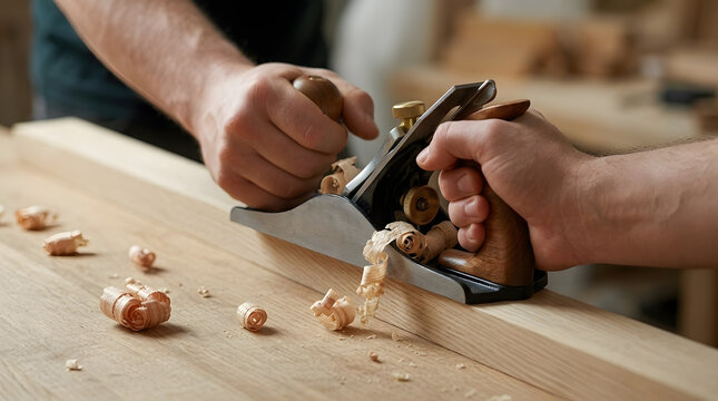 Woodworker shaping timber plank with classic manual hand plane | Carpenter hands using traditional wood planer with flying shavings | Close up of manual carpentry plane smoothing oak wood surface 