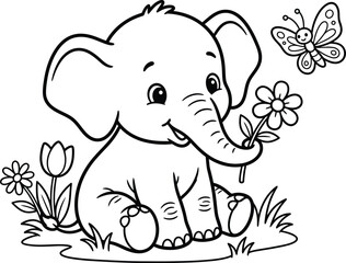 Obraz premium Cute baby elephant with flowers coloring page for kids and toddlers
