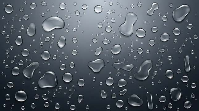 Realistic Water Drops on Gray Glass Surface, Clear Condensation Rain Droplets Background Vector