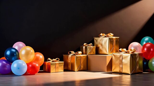 Gift boxes and balloons on dark background