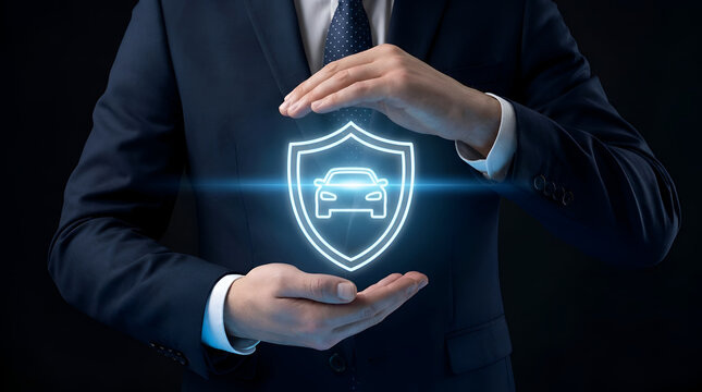Professional hands safeguard a digital car shield icon, symbolizing comprehensive vehicle protection and auto insurance security for modern drivers