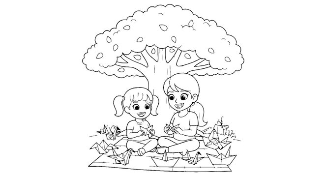 Children reading under a large tree illustration.