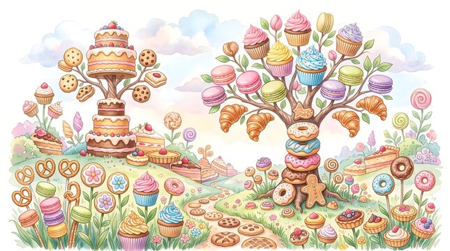 A magical fantasy world landscape made entirely of sweet confectionery.