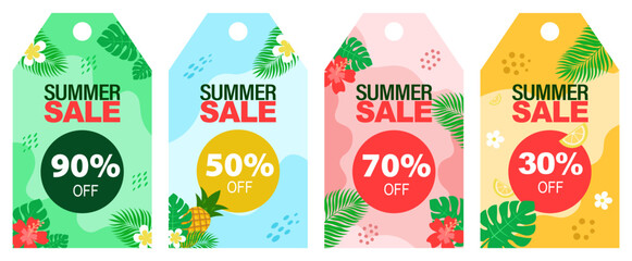 Summer sale price label set with tropical leaves and flowers © SHAMIMA