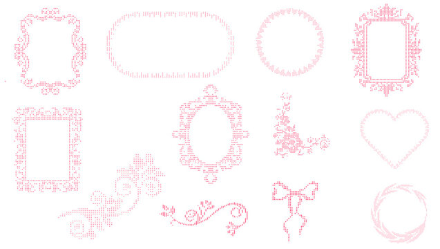Pink cross-stitch embroidery pattern set with vintage frames and borders